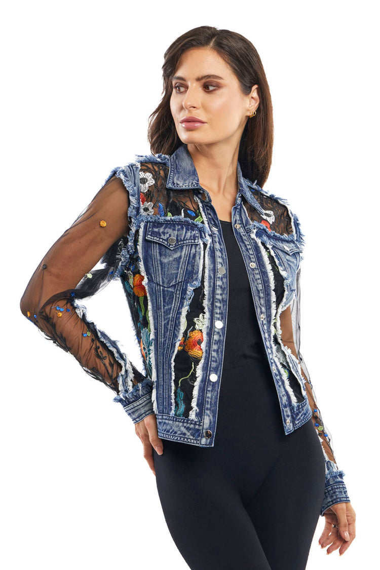 Adore Denim Jacket with Sheer Floral Panels