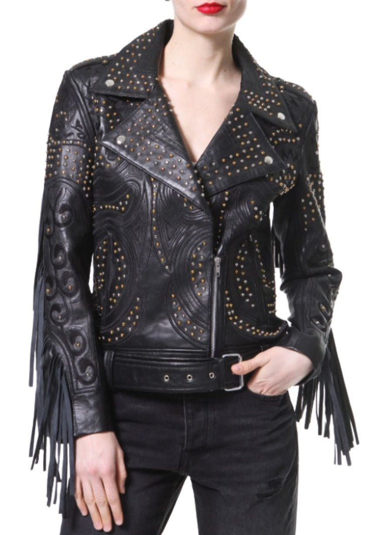 Madonna and Co Studded Fringe Leather Biker Jacket