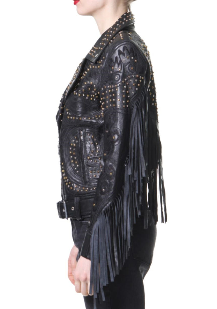 Madonna and Co Studded Fringe Leather Biker Jacket