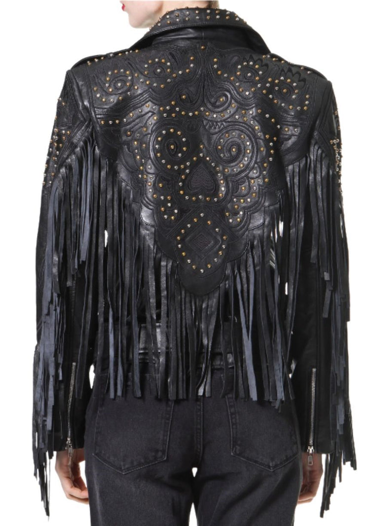 Madonna and Co Studded Fringe Leather Biker Jacket