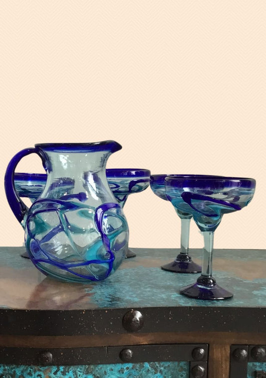 Blue Swirl Hand Blown Margarita Set