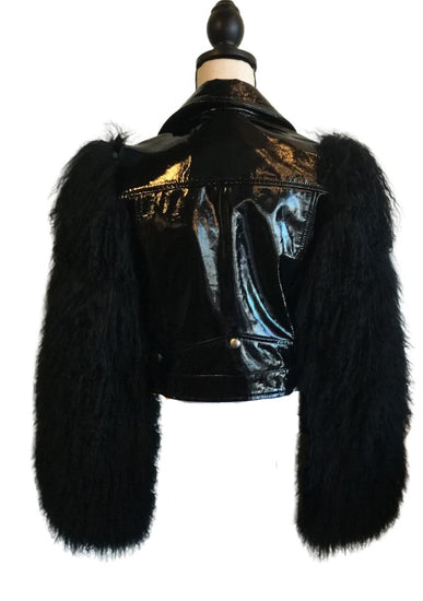 Madonna and Co Leather Biker Jacket with Fluffy Fur Sleeves