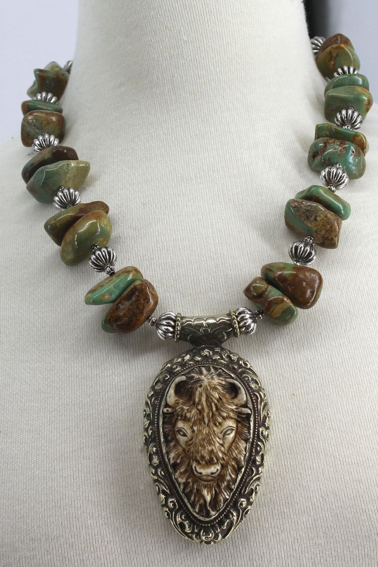 Dyanne Silver Green Turquoise Necklace with Bison Pendant
