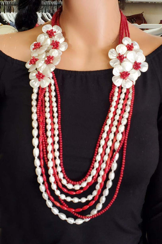Jackie Jones Coral and Pearl Flower Necklace