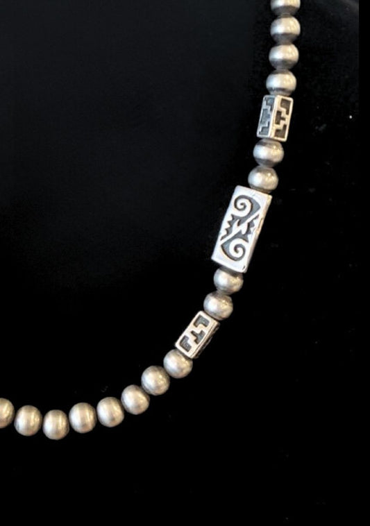 Sterling Navajo Pearl and Geometric Bead Necklace