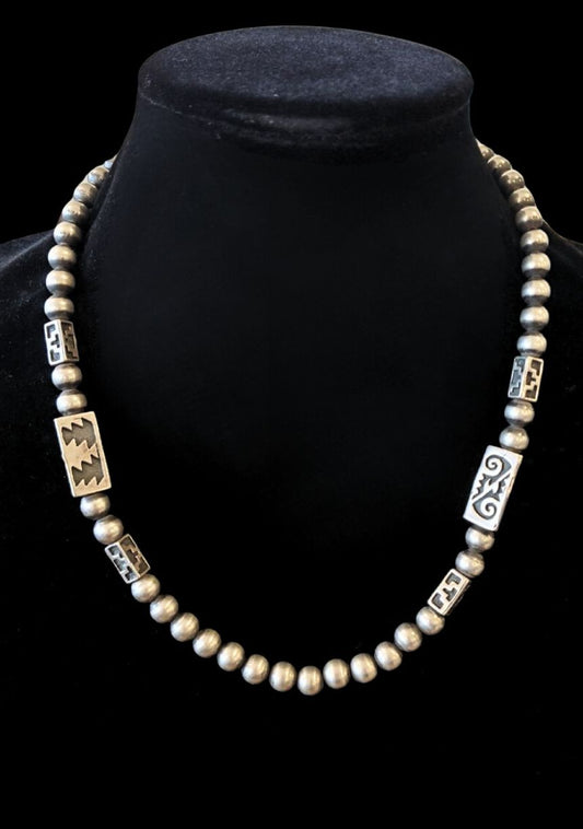 Sterling Navajo Pearl and Geometric Bead Necklace