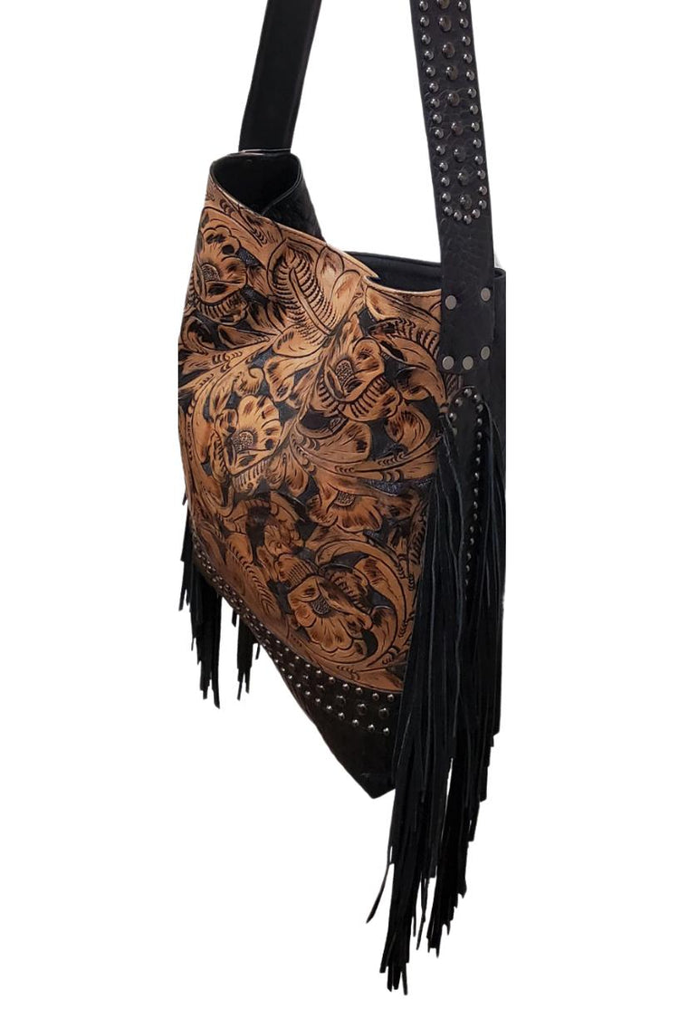 Juan Antonio Tooled Natural Saddle Bag with Black Inlay