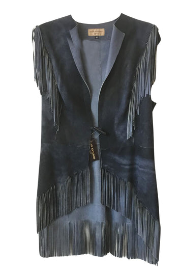 Juan Antonio Safari Navy Leather Fringe Vest