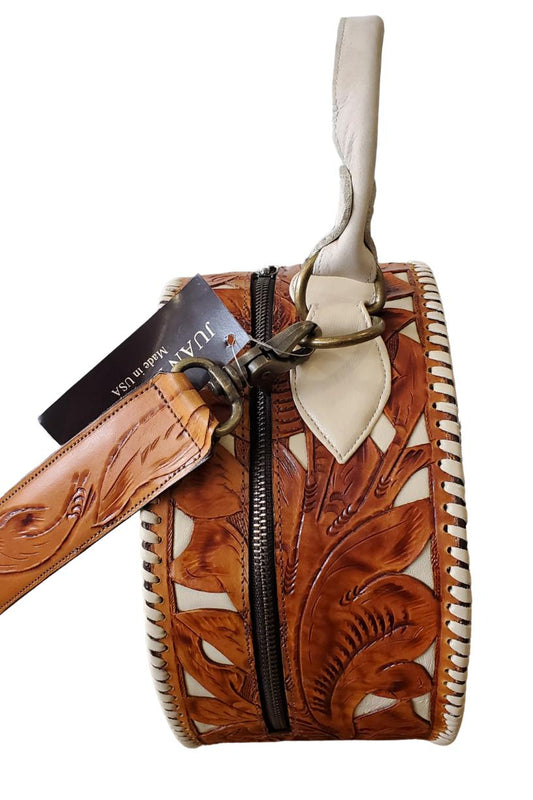 Juan Antonio Saddle Tan Canteen Shoulder Bag With Ivory Inlay