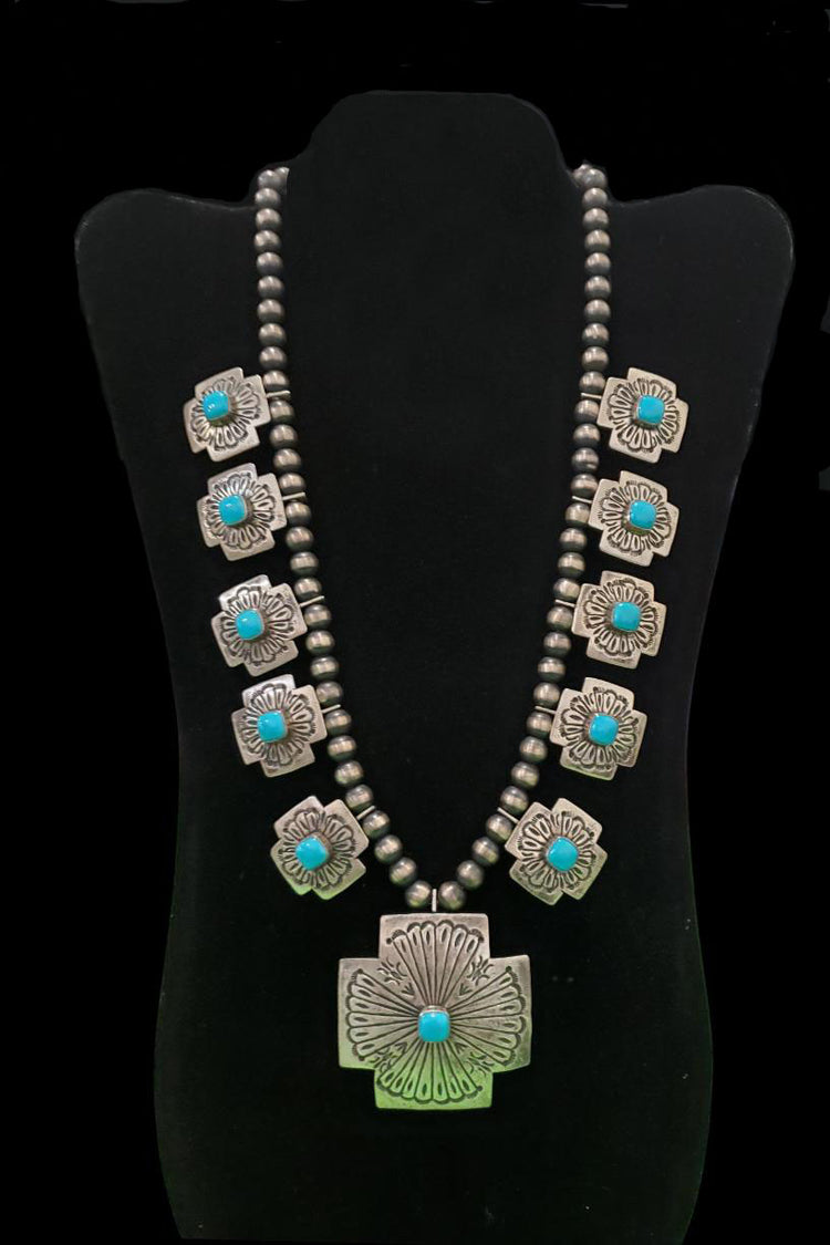 Navajo Native American Spanish Cross Necklace with Turquoise