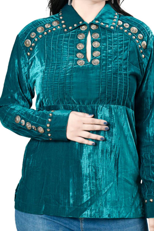  American Darling Teal Velvet Shirt with Conchos