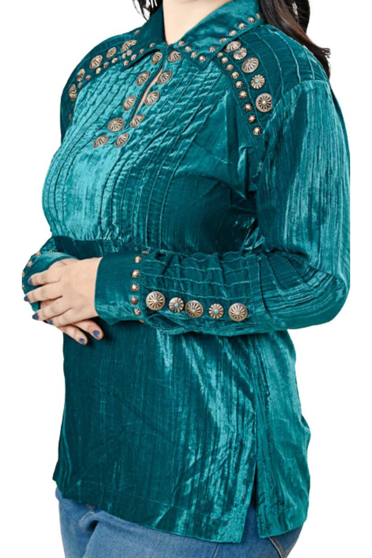  American Darling Teal Velvet Shirt with Conchos