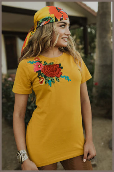 Rodeo Quincy Mustard Tom's Spanish Rose Embroidered Tee