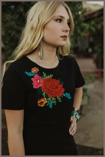 Rodeo Quincy Black Tom's Spanish Rose Embroidered Tee